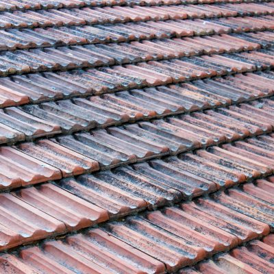 A close-up view of weathered clay roof tiles, showcasing texture and patterns.