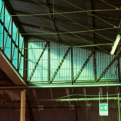 View of an industrial warehouse ceiling with metal beams and skylights.