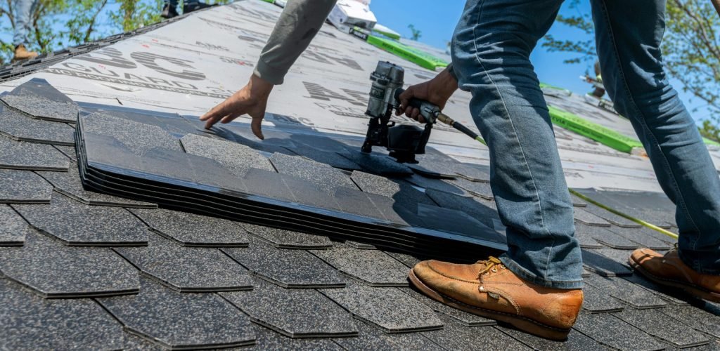 Roofer using nail gun for shingle installation on residential roof.